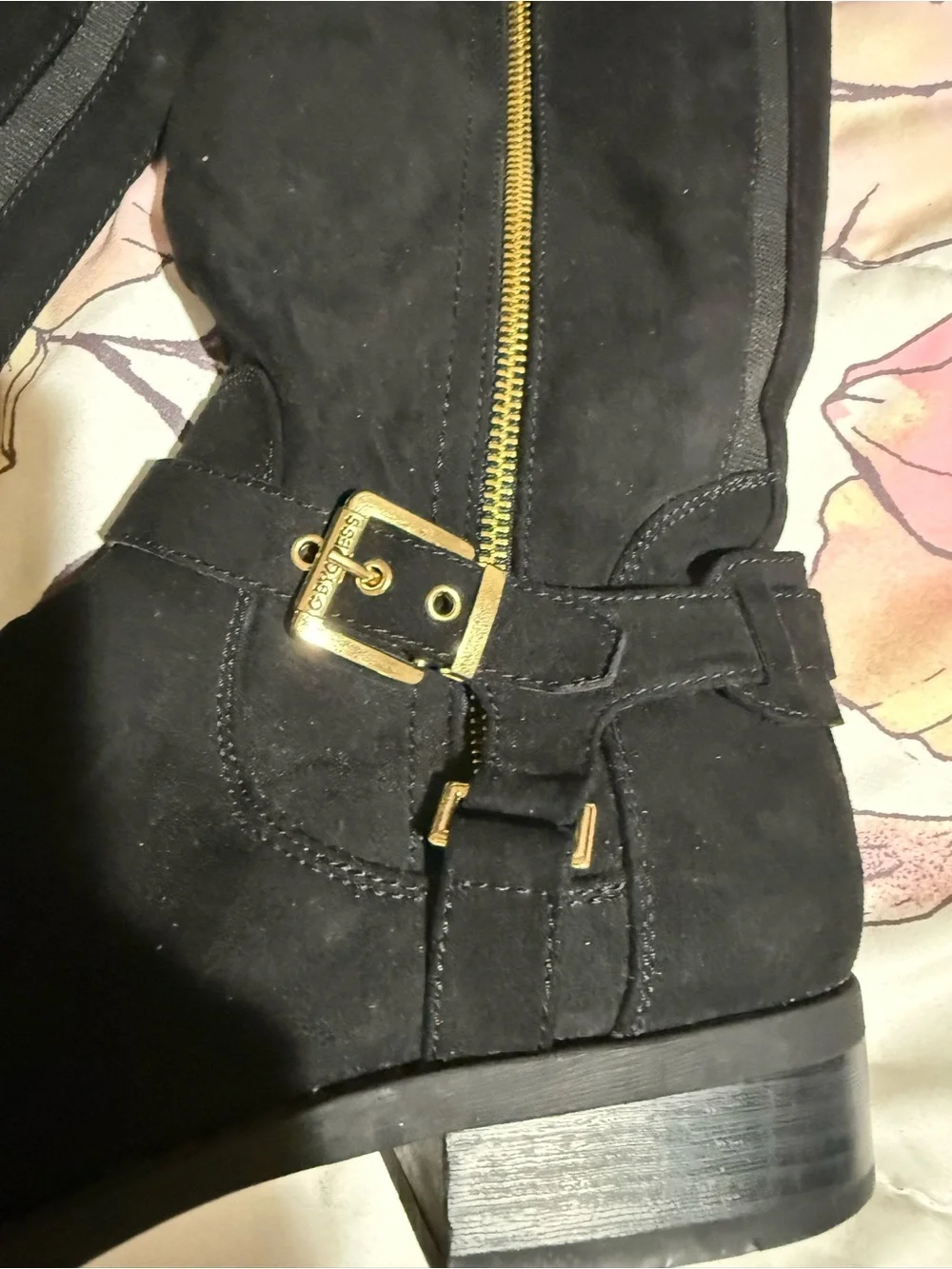 Guess Black Over-the-Knee Suede Boots with Gold Zipper & Buckle